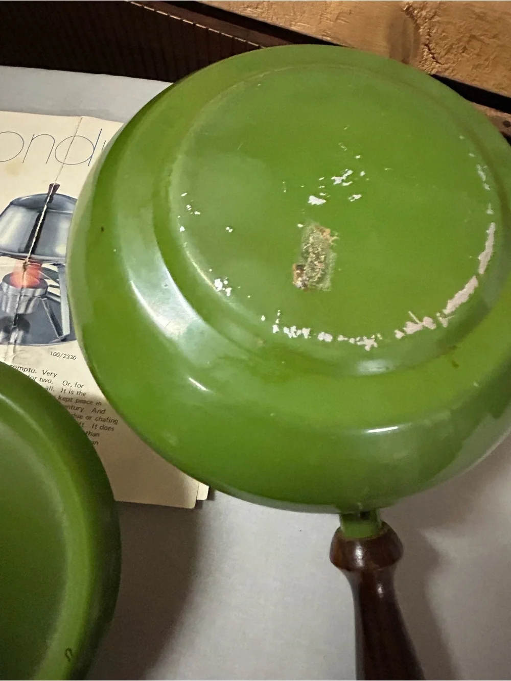 Vintage Green Enamel Fondue Pot with Wooden Handle